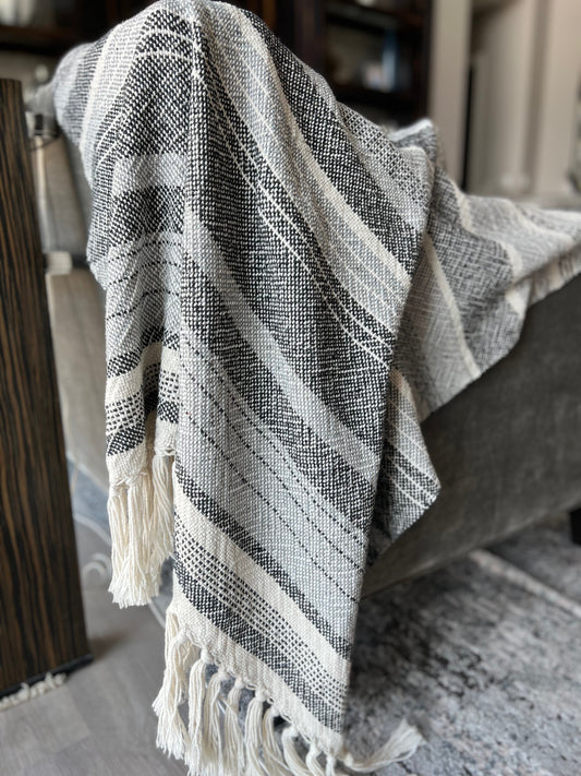 Boho Striped Blanket #5 - Charcoal/Light Grey/Natural