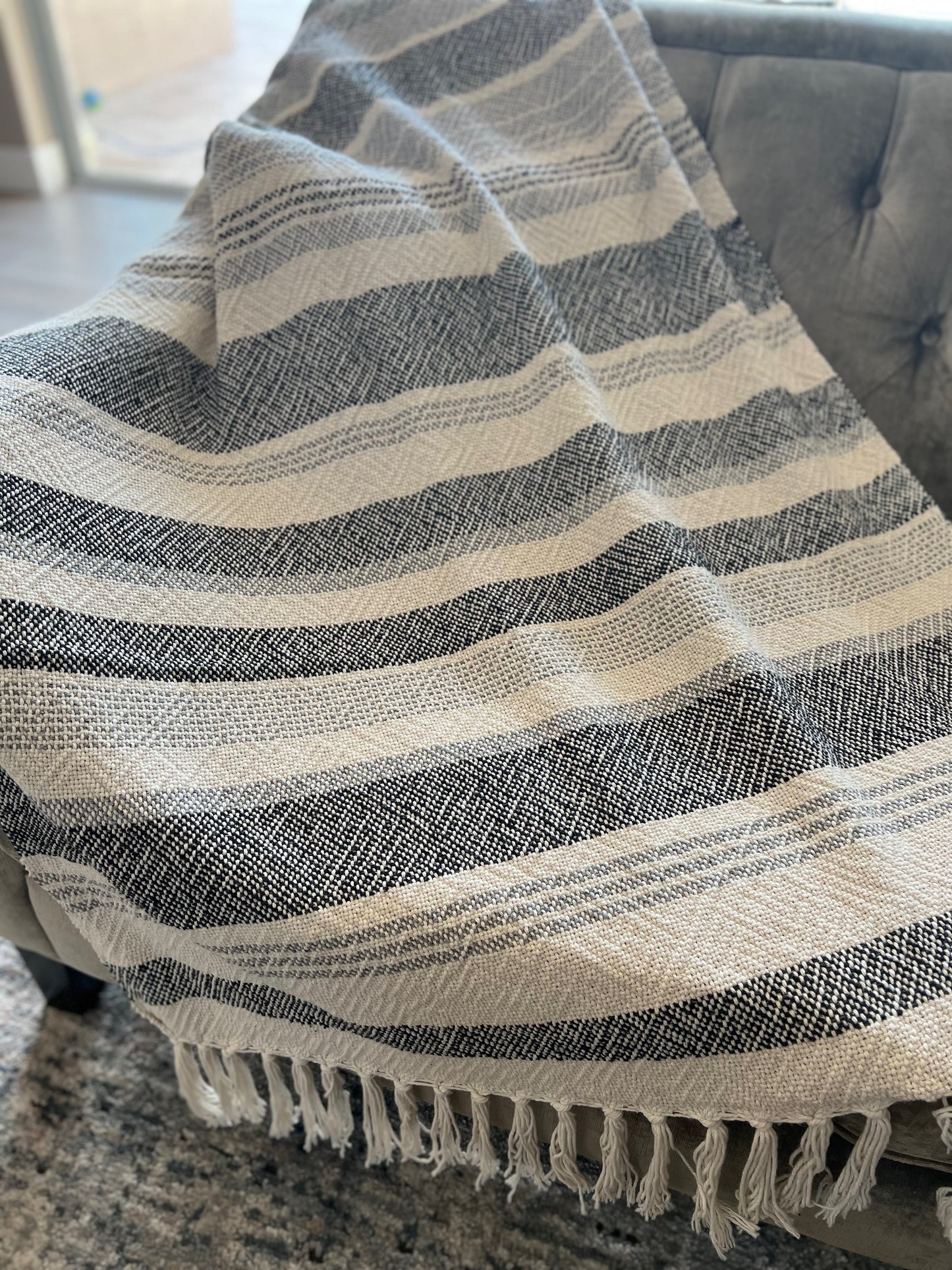 Boho Striped Blanket #5 - Charcoal/Light Grey/Natural