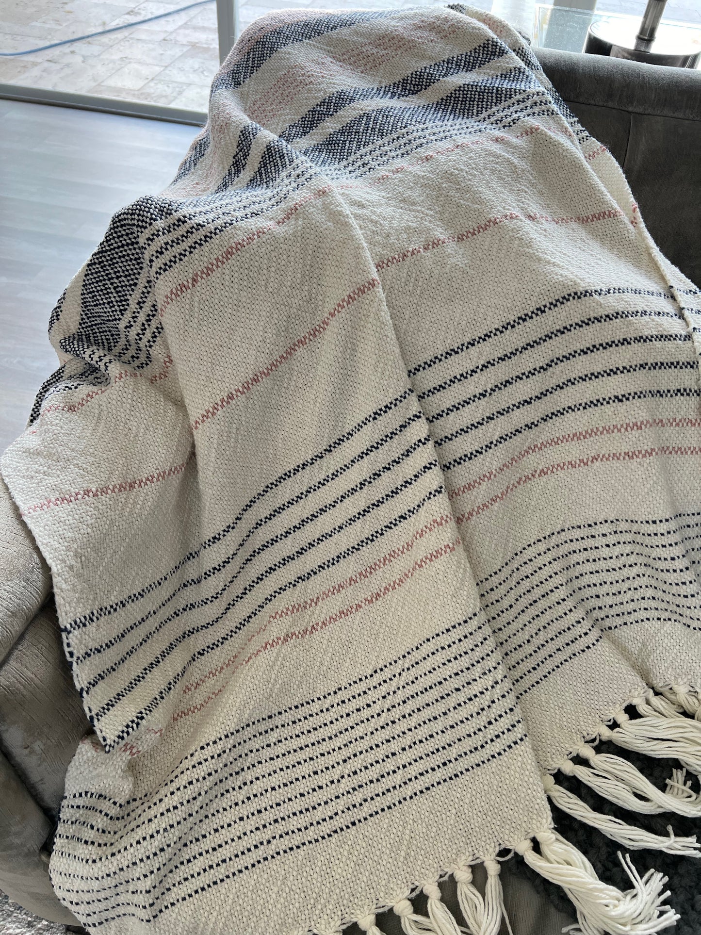 Boho Striped Blanket #7 - Natural/Navy/Rose