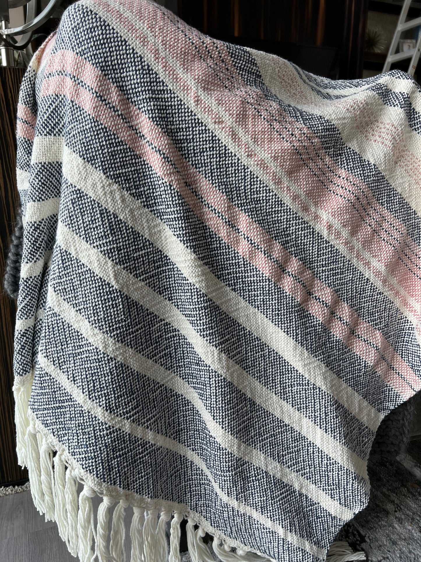 Boho Striped Blanket #7 - Natural/Navy/Rose