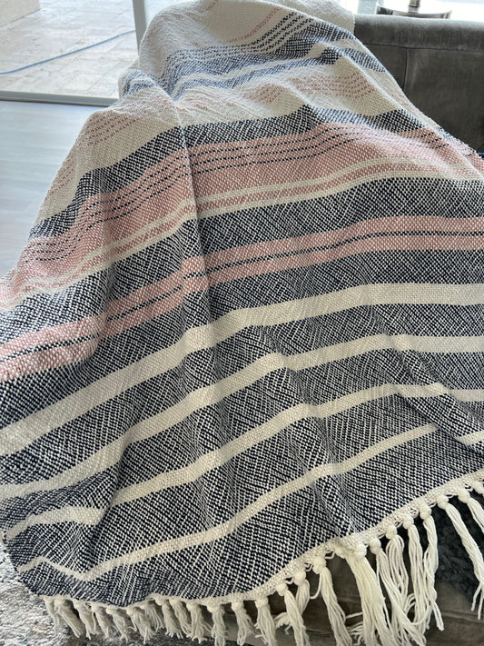 Boho Striped Blanket #7 - Natural/Navy/Rose