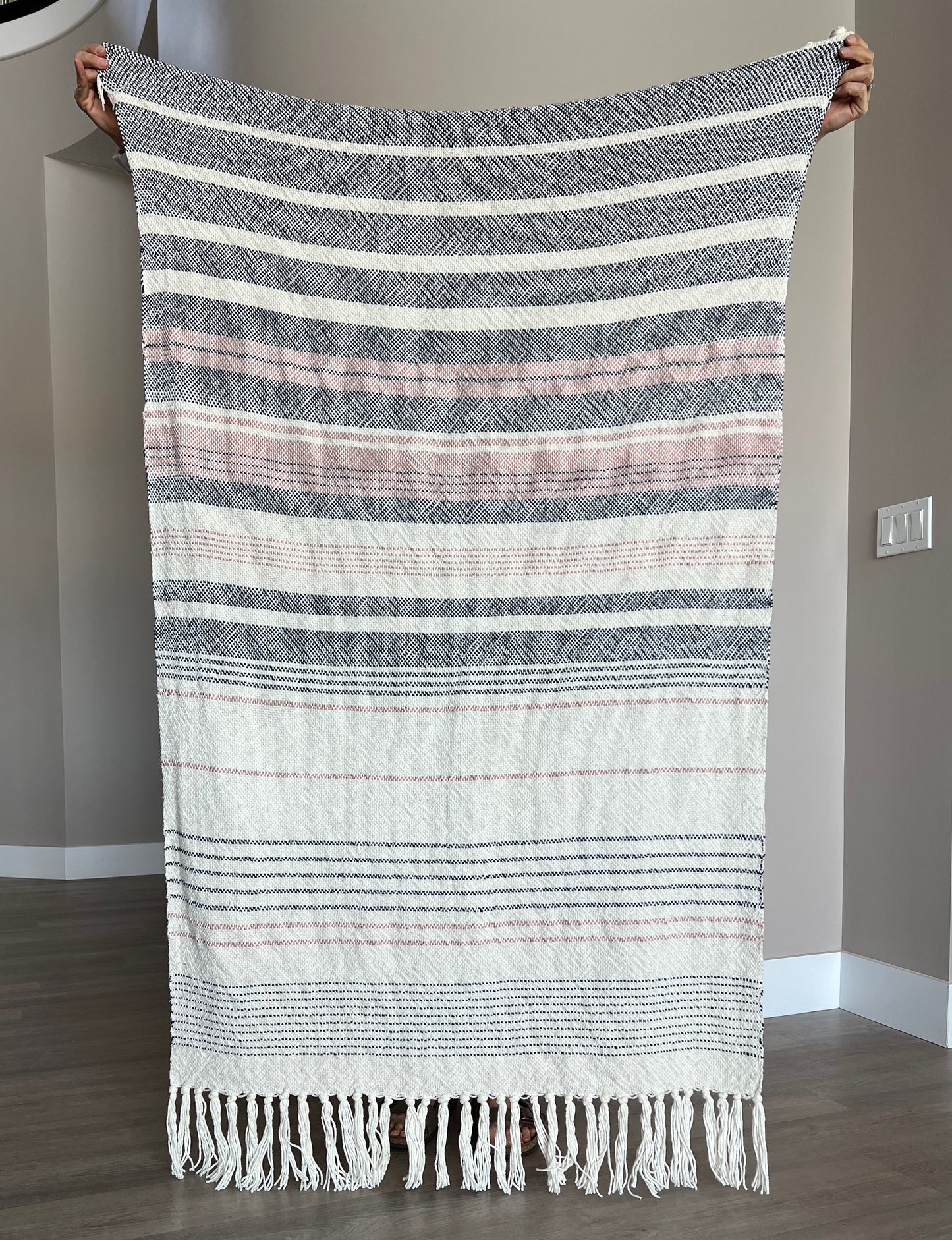 Boho Striped Blanket #7 - Natural/Navy/Rose