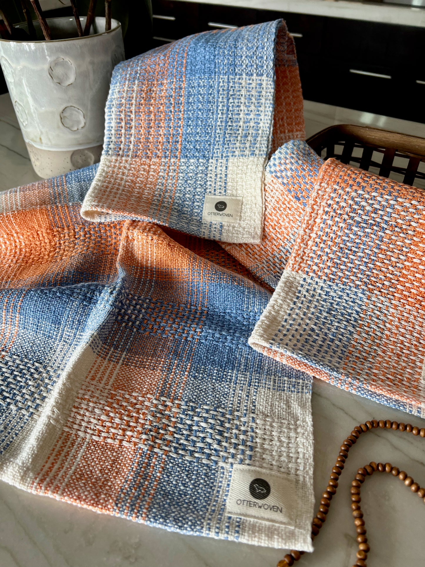 Canvas Weave Linen/Cotton Towels - Peaches & Chambray