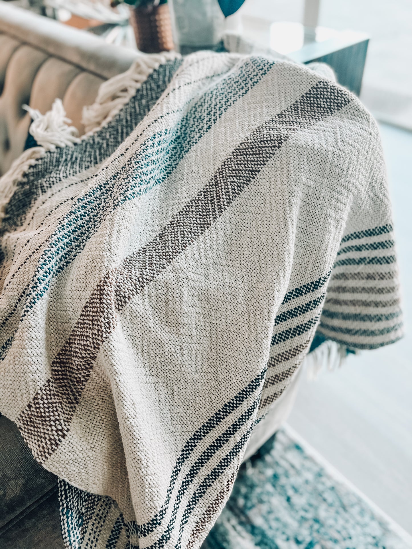 Boho Striped Cotton Blanket 1 - Charcoal/Denim/Sienna