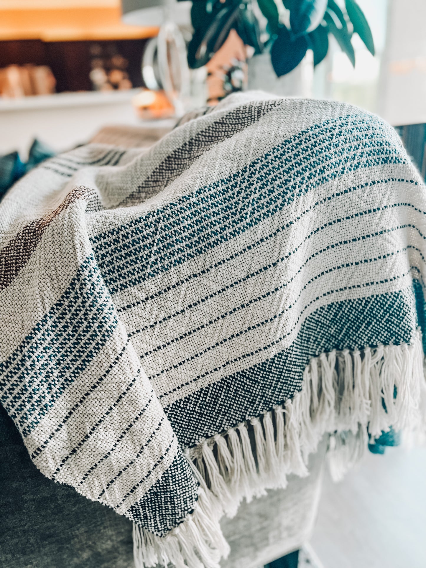 Boho Striped Cotton Blanket 1 - Charcoal/Denim/Sienna