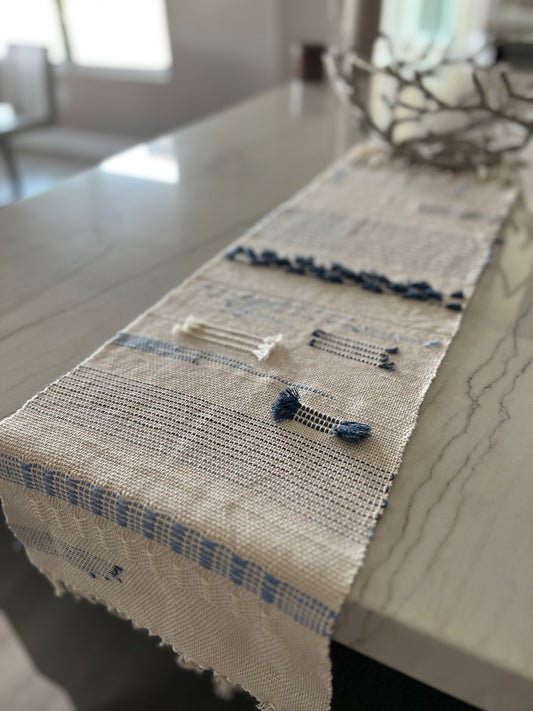 Textured Paths Table Runner - Blue/Natural