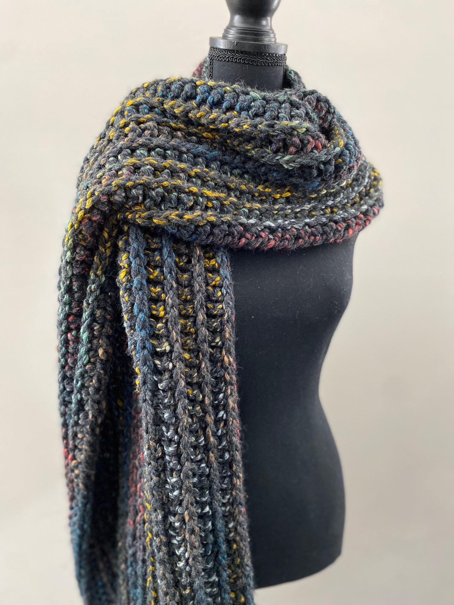 University Crochet Scarf in Charcoal Fleck