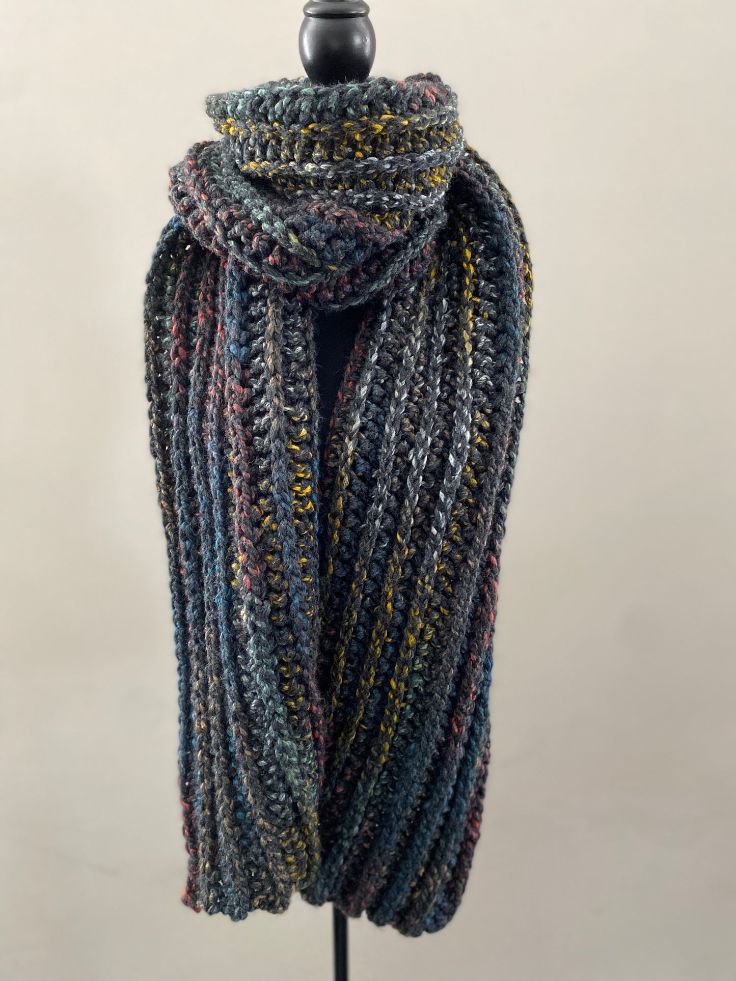 University Crochet Scarf in Charcoal Fleck