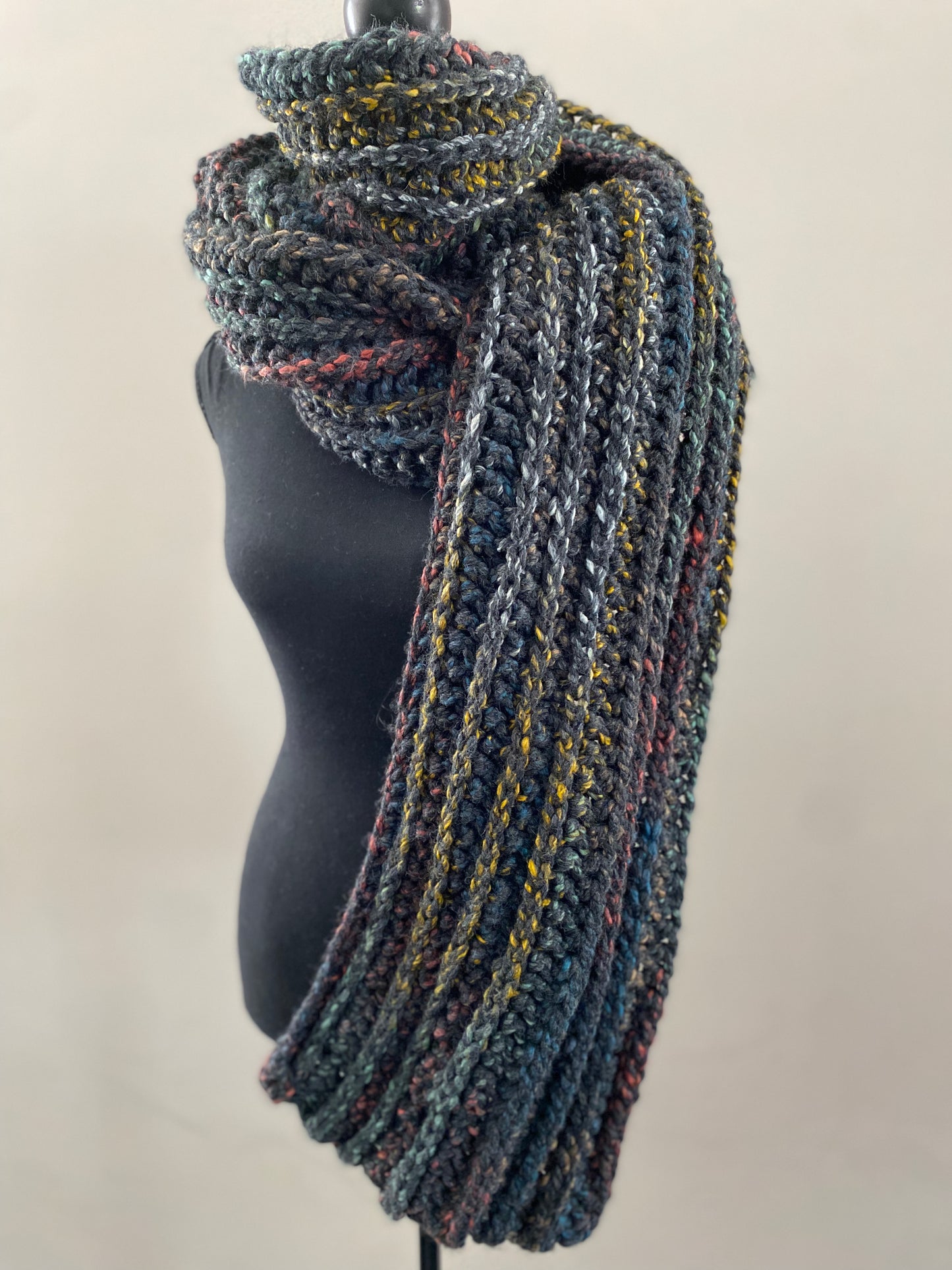 University Crochet Scarf in Charcoal Fleck