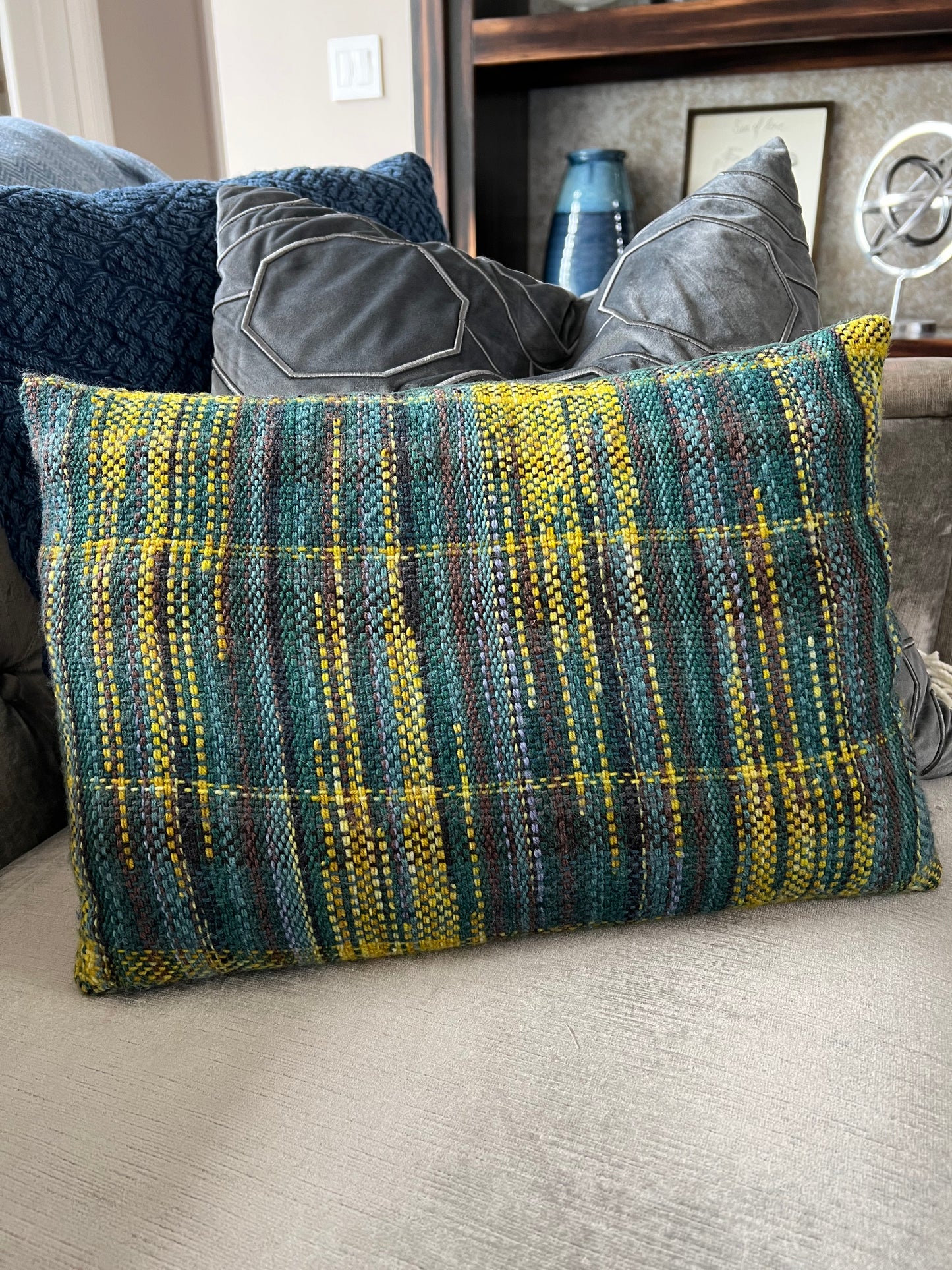 Gold & Teal Clasped Weft Pillow Cover & Insert