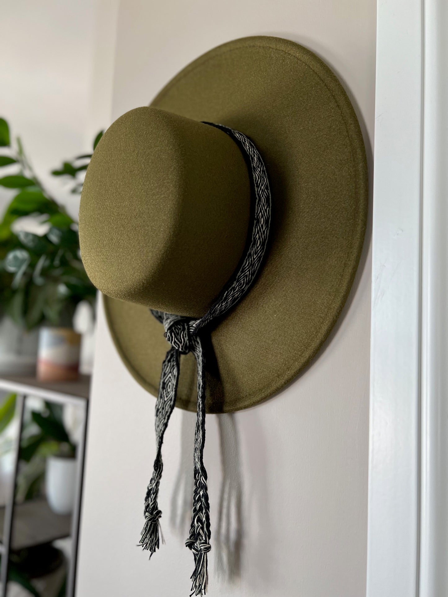 Boater Hat in Olive - Black/Green Diamond Trim