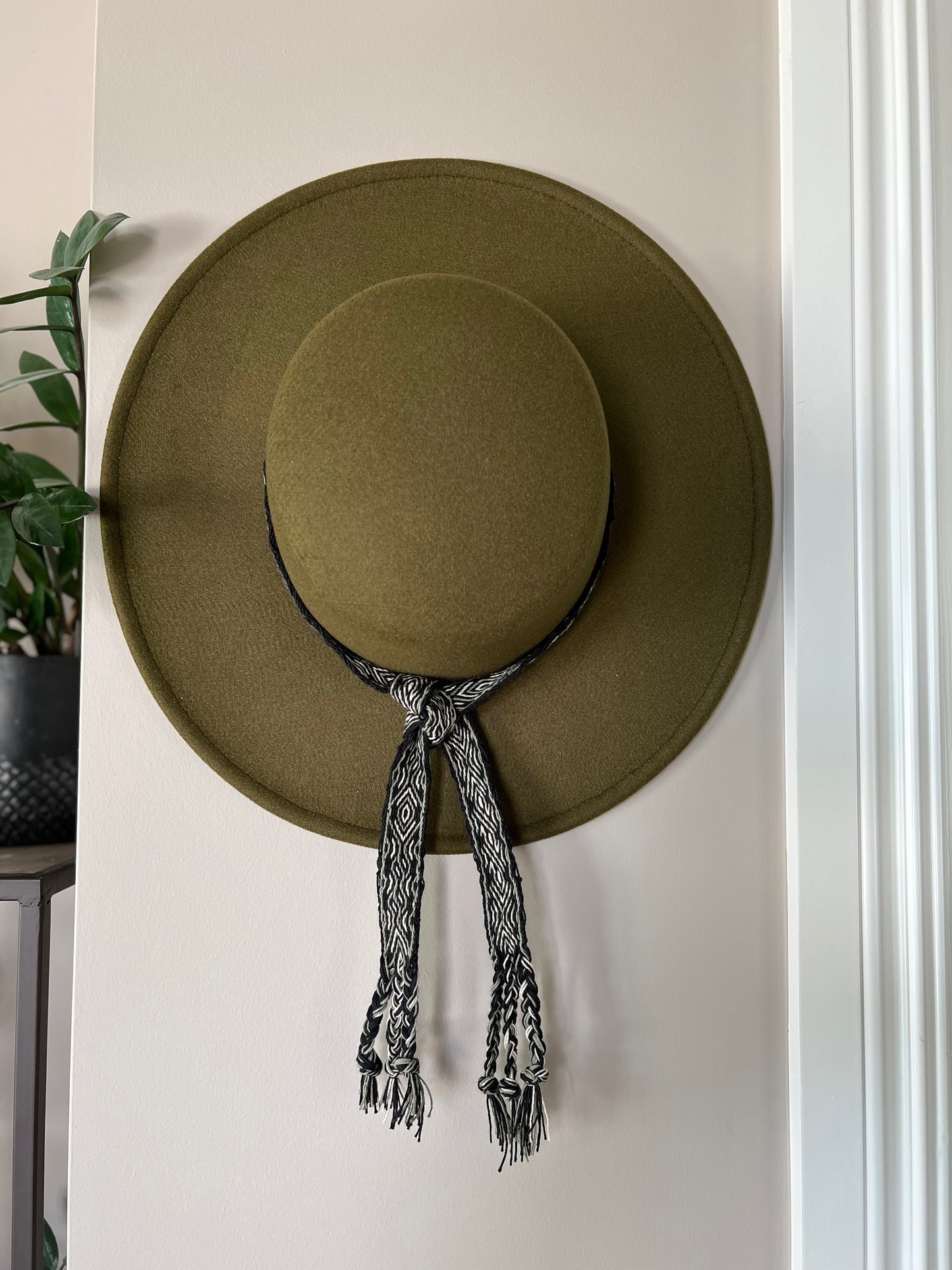 Boater Hat in Olive - Black/Green Diamond Trim