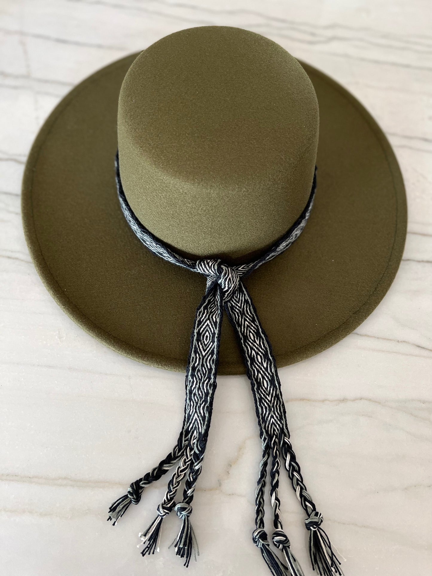 Boater Hat in Olive - Black/Green Diamond Trim