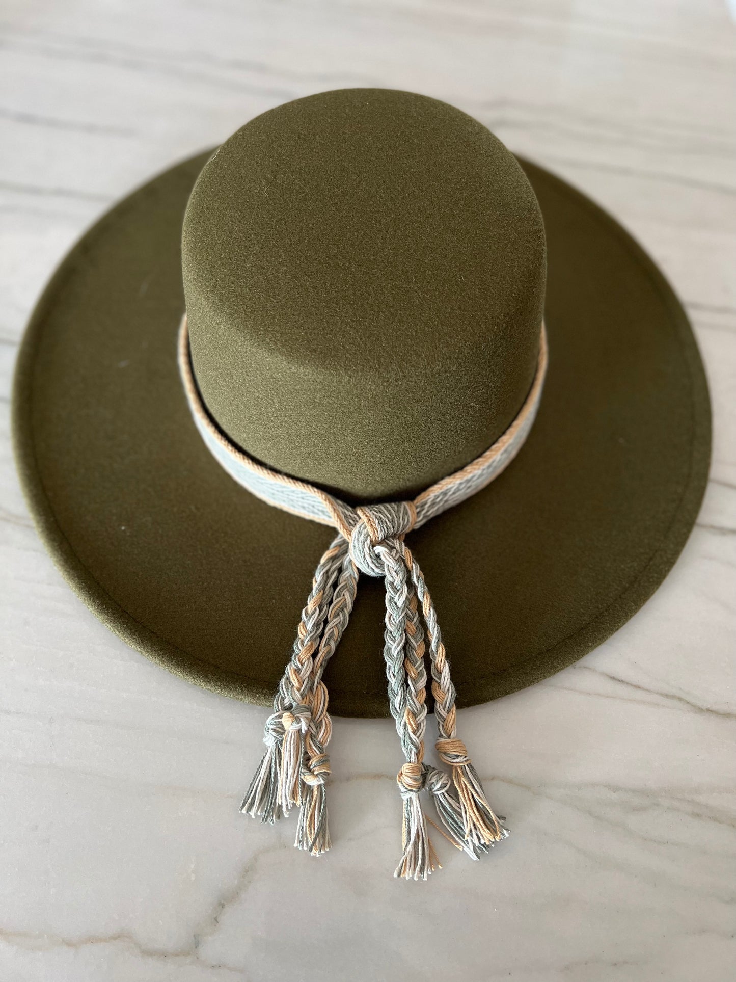 Boater Hat in Olive - Gold/Green Vine Trim