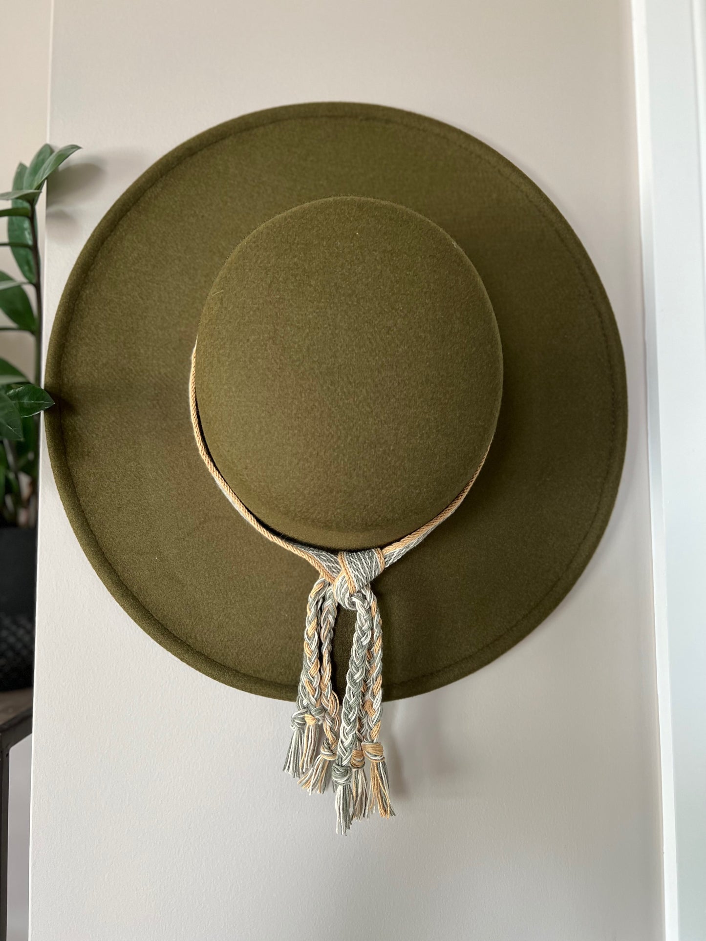 Boater Hat in Olive - Gold/Green Vine Trim