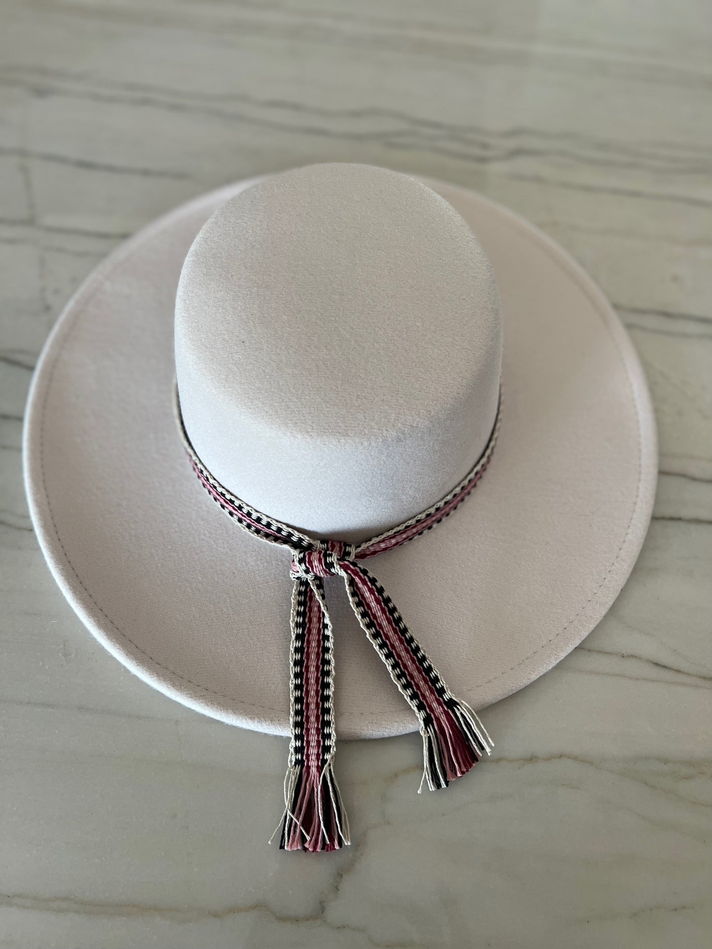 Boater Hat in Oyster - Pink/Black/White Band