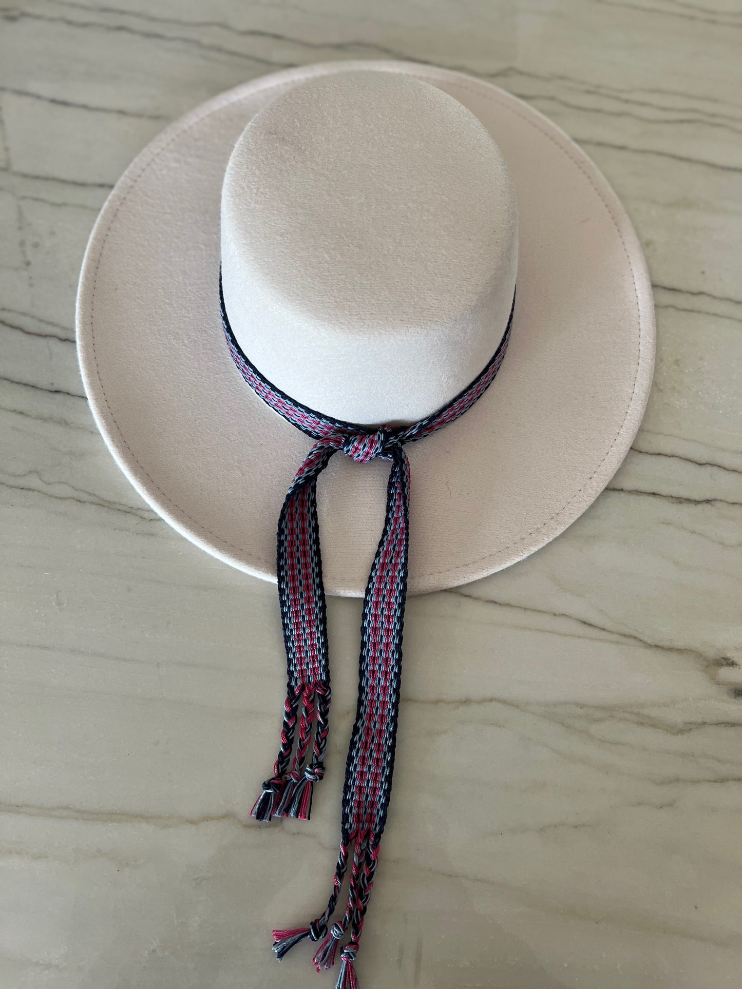 Boater Hat in Oyster - Blue/Pink Band