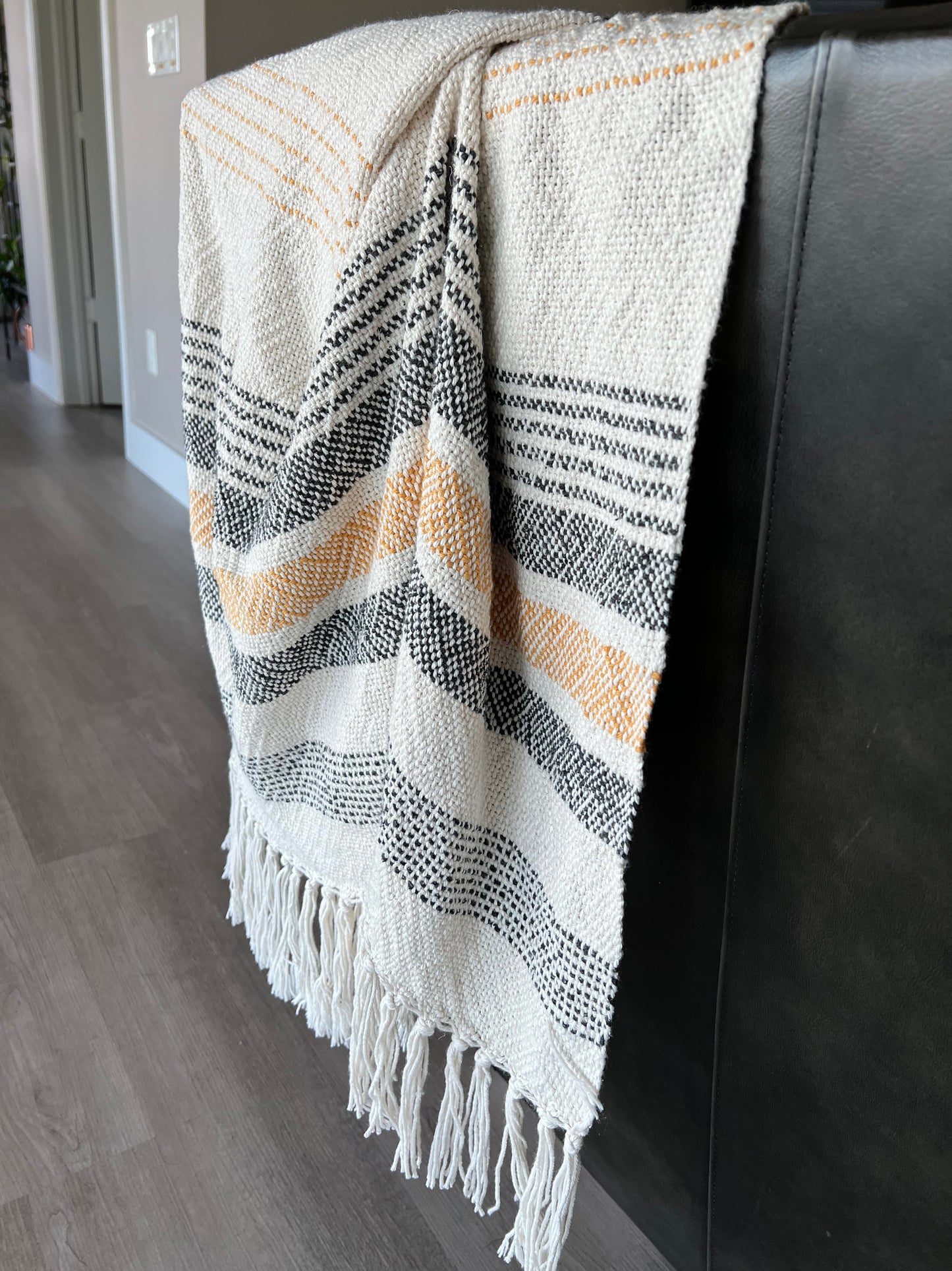 Boho Striped Cotton Blanket 2 - Charcoal/Gold/Sienna