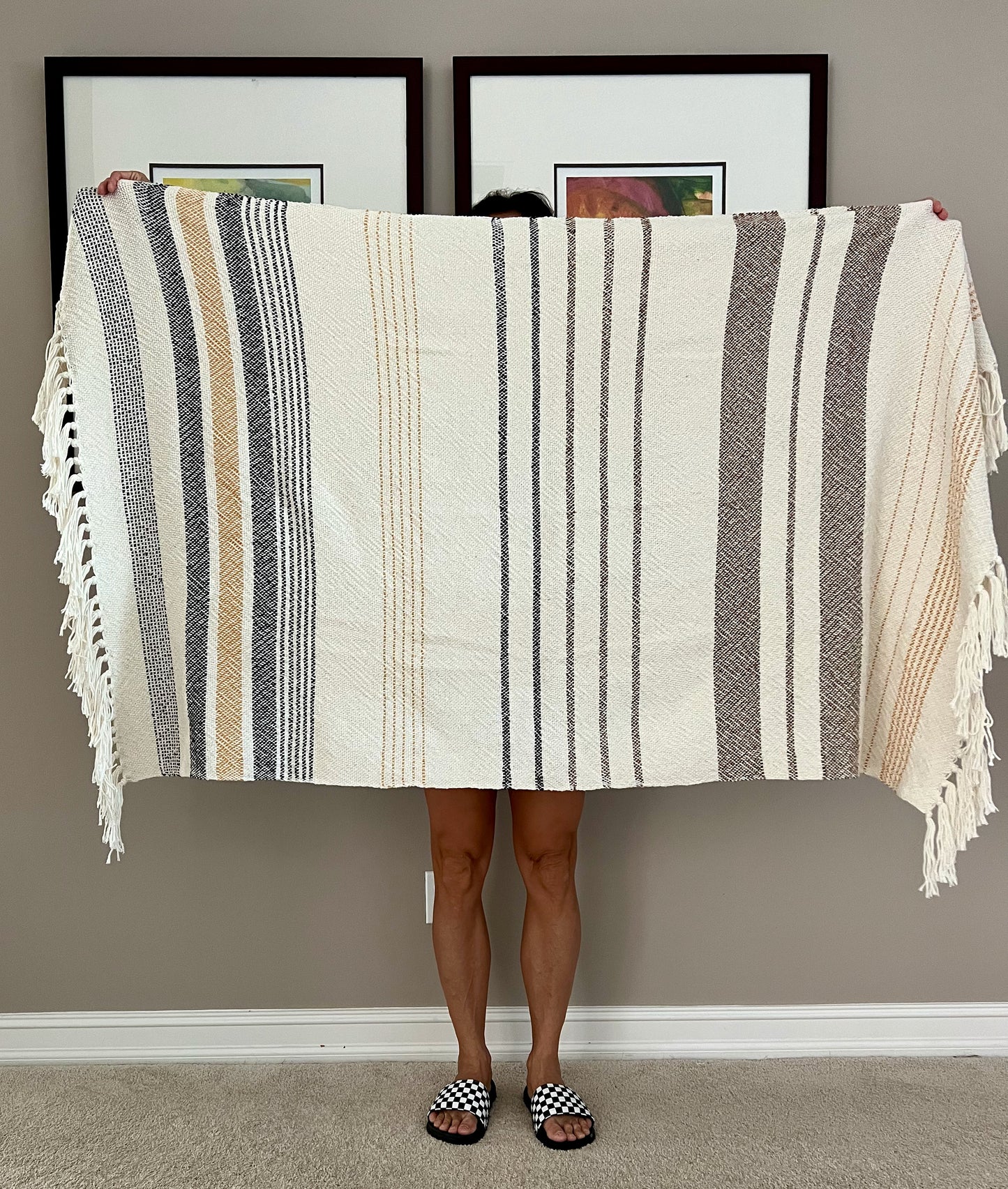 Boho Striped Cotton Blanket 2 - Charcoal/Gold/Sienna