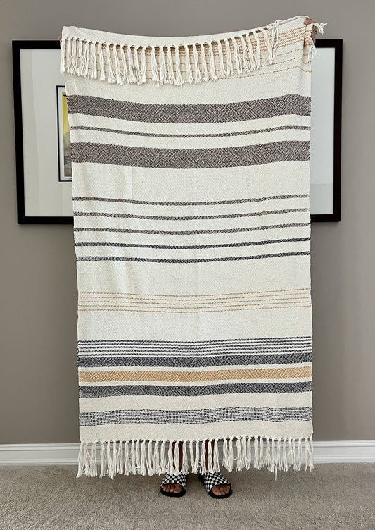 Boho Striped Cotton Blanket 2 - Charcoal/Gold/Sienna