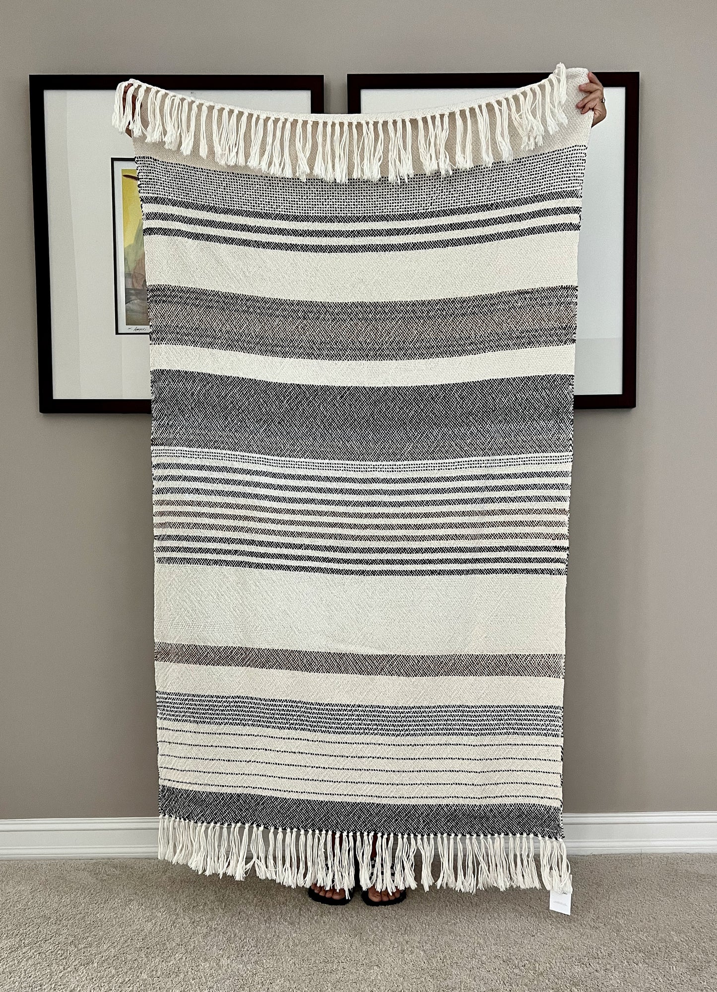 Boho Striped Cotton Blanket 1 - Charcoal/Denim/Sienna