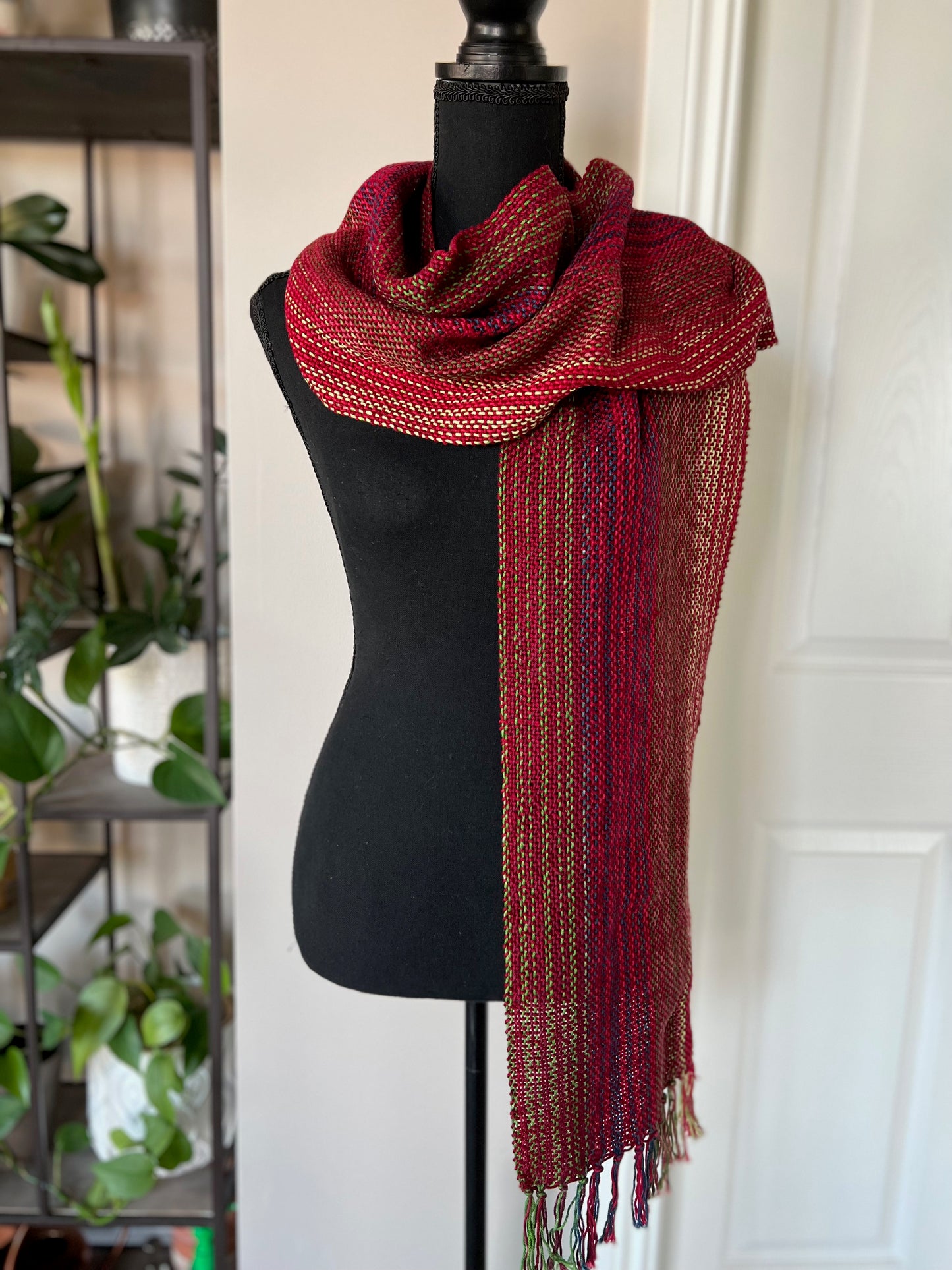 Festive Red Cotton Striped Scarf