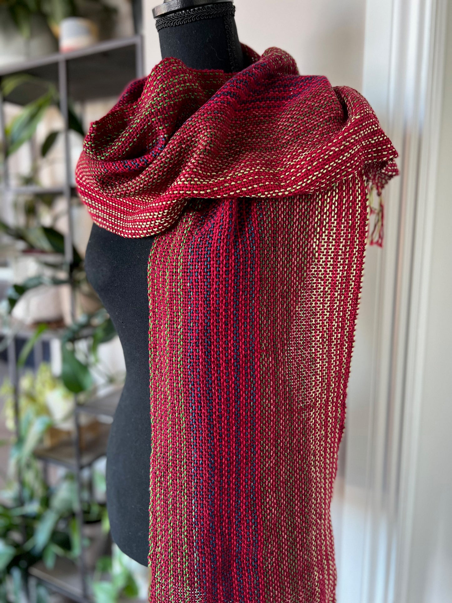 Festive Red Cotton Striped Scarf