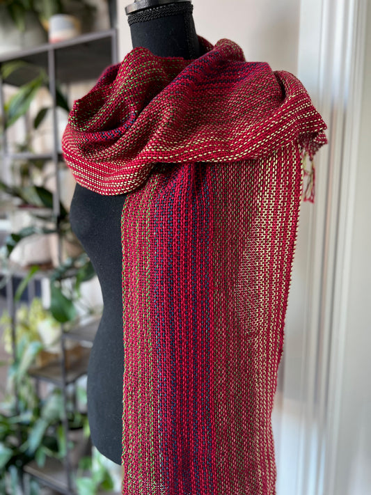 Festive Red Cotton Striped Scarf