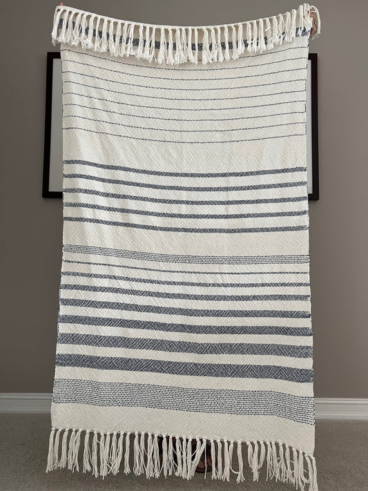 Boho Striped Blanket #4 - Denim/Natural