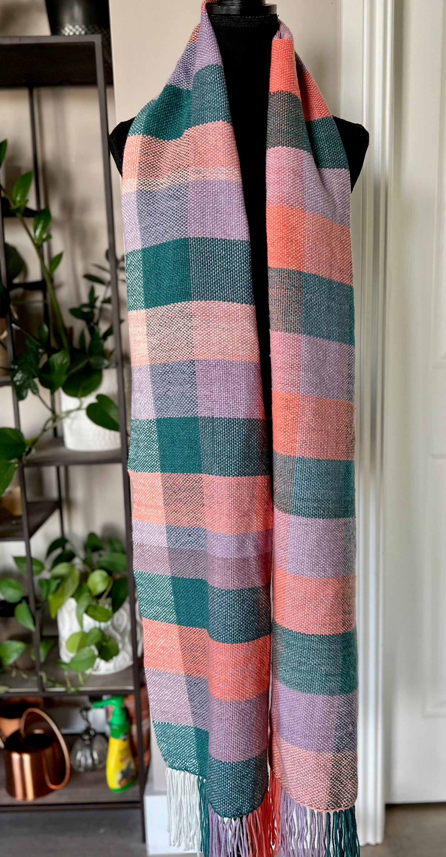 Checkered Oversized Scarf - Peach/Teal/Lilac