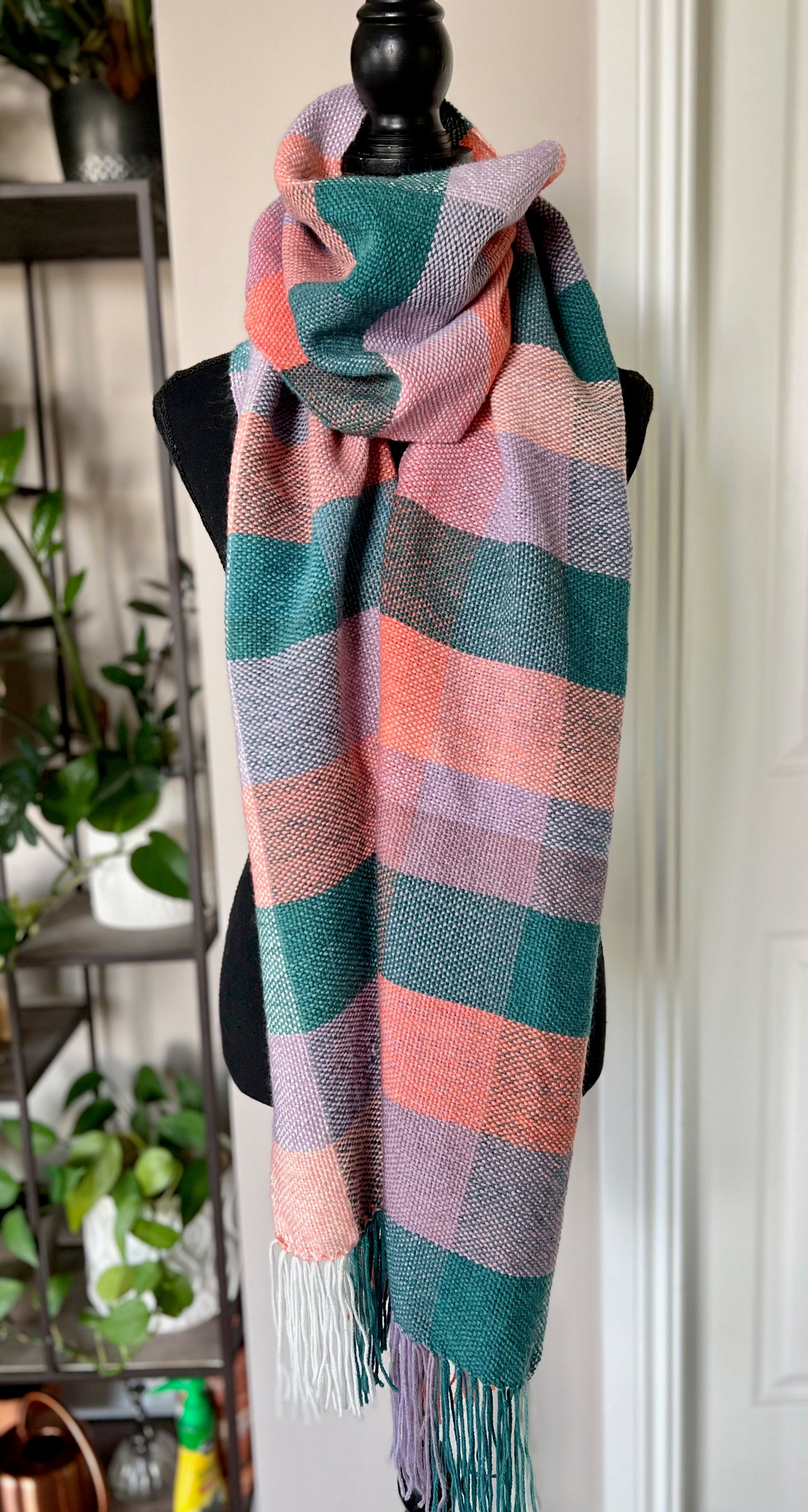 Checkered Oversized Scarf - Peach/Teal/Lilac